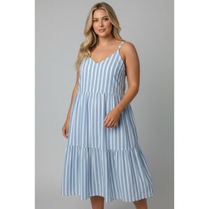 Old Navy Blue White Striped Plus Size XXL Tiered Cami Midi Dress Summer Boho